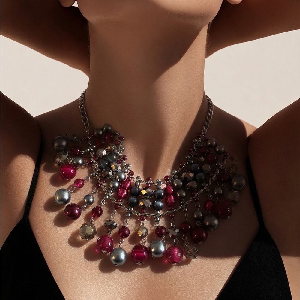 Statement Bib Necklace Burgundy Red Silver Beaded Chunky Glam Holiday Jewelry